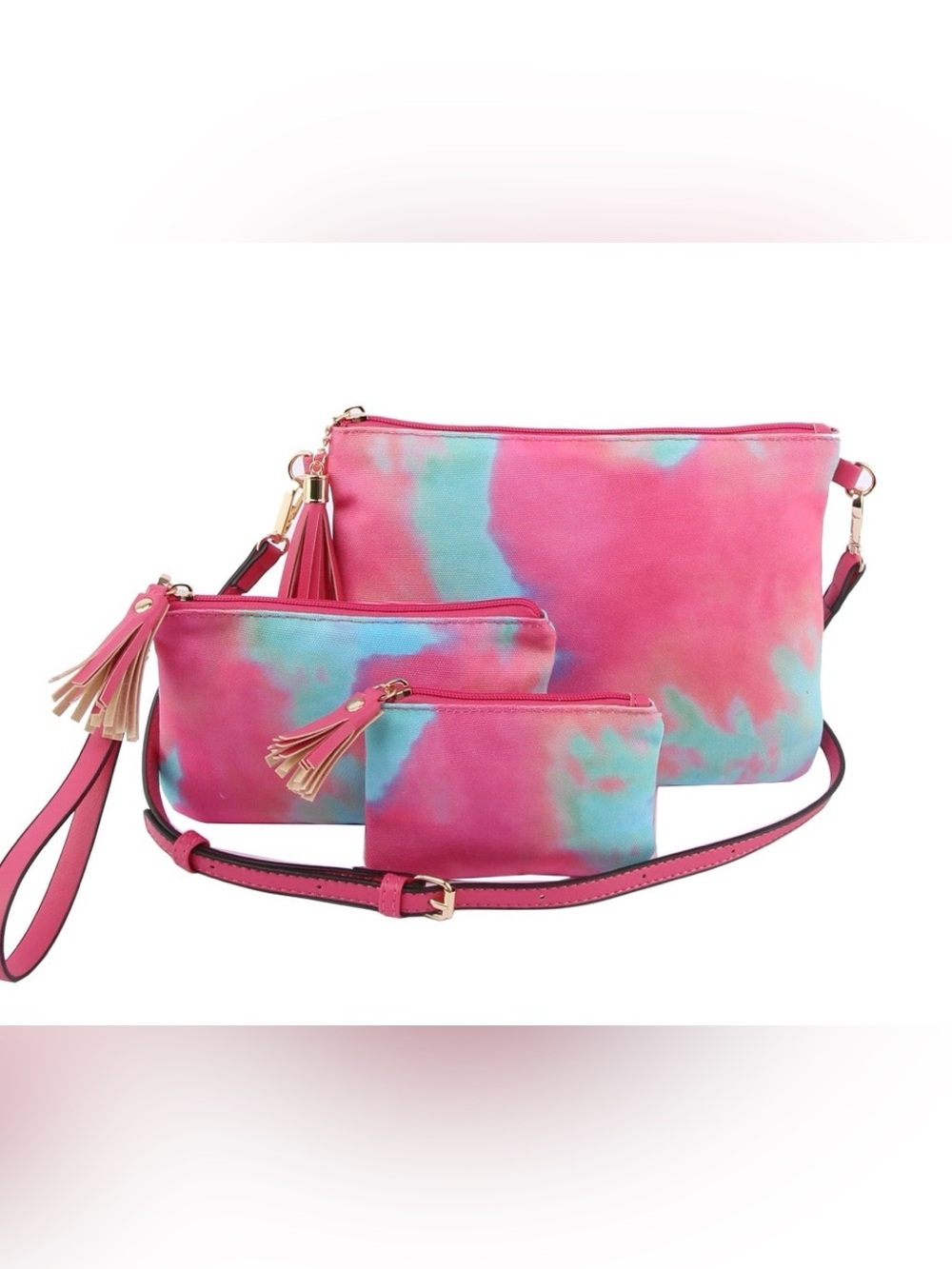 NWT 3 PC Pink Tie-Dye Cosmetic & Crossbody Bag Set - Picture 1 of 1